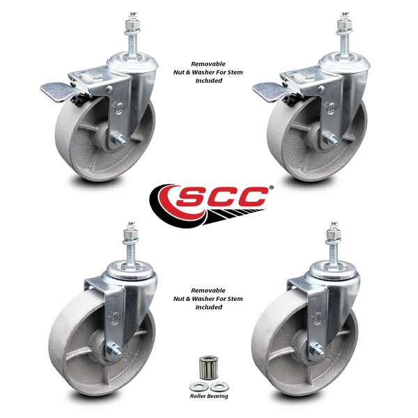 Service Caster Semi Steel Swvl TS Caster w/Roller Bearing-5" Wheel&3/8" Stems-2 w/TTL BRK, 4PK SCC-TSTTL20S515-SSR-381615-2-S-2 - main